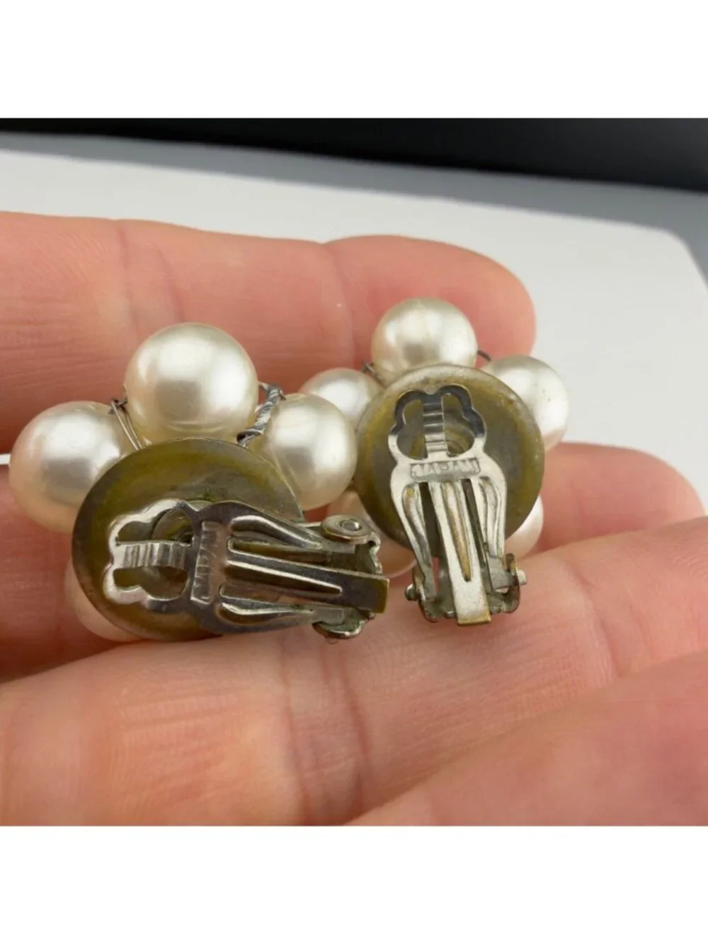 Vintage Clip-On Earrings Set Faux Pearls Green Art Glass Flower Cluster MCM